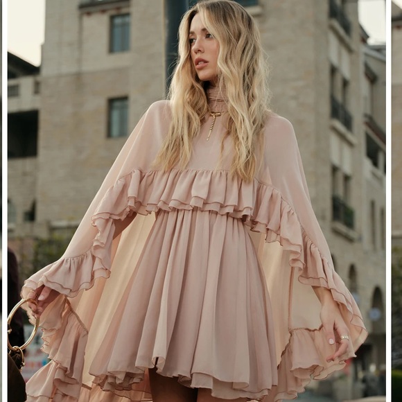 Commense NWT Pink Blush Semi-Sheer Chiffon Ruffle Dress With Outer Cape Set XS - Picture 2 of 8